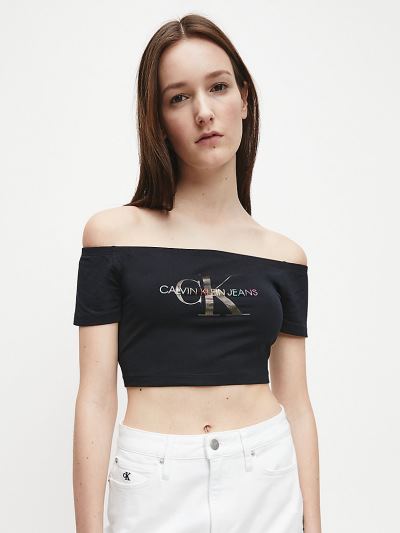 Calvin Klein Ruhák HU740913 | Calvin Klein Cropped Logo Off-Shoulder Női Felsők Fekete